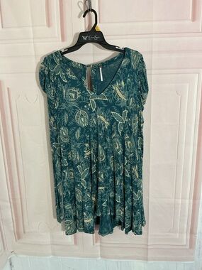 Free People Teal Botanical V-Neck Tunic/Dress